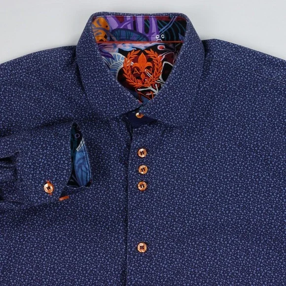 Au Noir Dress Shirt Men's Size 5 Blue Print Contrast Trim Stretch Button Down - Picture 3 of 16